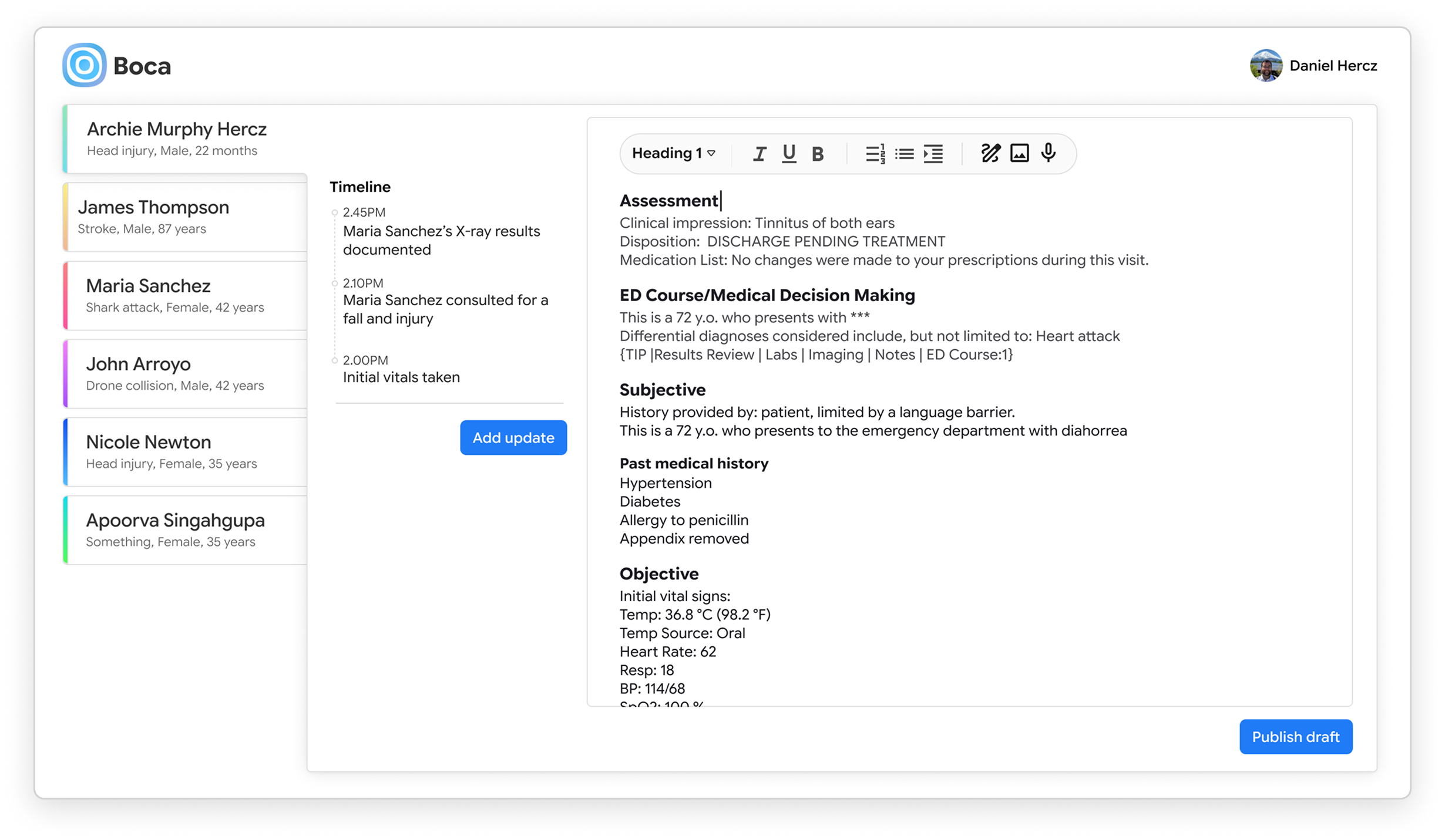 The Boca Notes dashboard: a list of patients, a visit timeline, and a note being drafted with Assessment, ED Course, Subjective, Past medical history and Objective sections